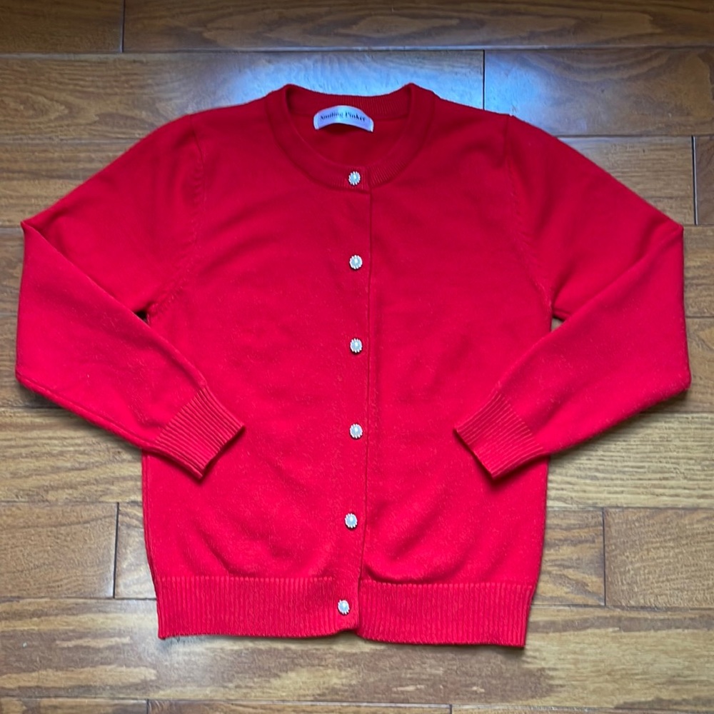 SMILING PINKER Sweater Red Button Down Cardigan Pearl Like Buttons Small